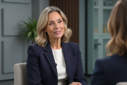 Femme élégante en blazer marine lors d'une interview télévisée dans un studio moderne, évoquant l'épouse d'un journaliste public