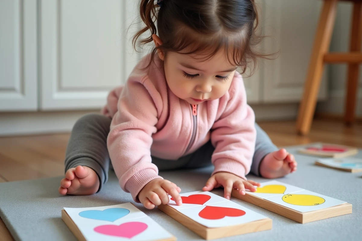 Fillette de 2-3 ans réalisant un exercice de tri de cartes imprimables pour développer l'autonomie en petite section maternelle