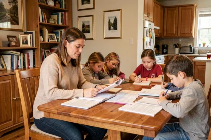 Femme famille d'accueil assise à table avec paperasse administrative entourée de quatre enfants dans un salon chaleureux