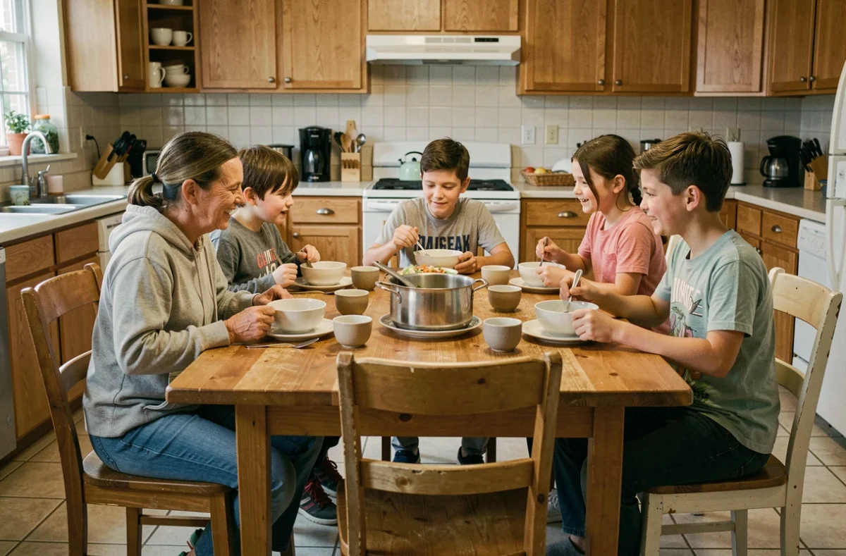 Famille d'accueil réunie autour d'un repas quotidien dans une cuisine modeste avec quatre enfants placés