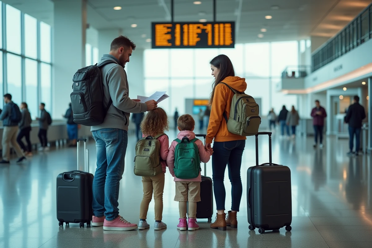 Famille de quatre personnes consultant leur itinéraire dans un terminal d'aéroport avant le départ en voyage