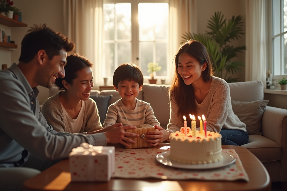 Famille dans un salon ouvrant un cadeau d anniversaire avec gâteau