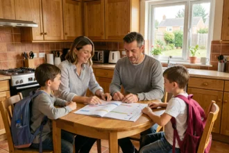 Famille française autour d'une table de cuisine consultant le calendrier des vacances scolaires 2025 2026