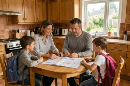 Famille française autour d'une table de cuisine consultant le calendrier des vacances scolaires 2025 2026