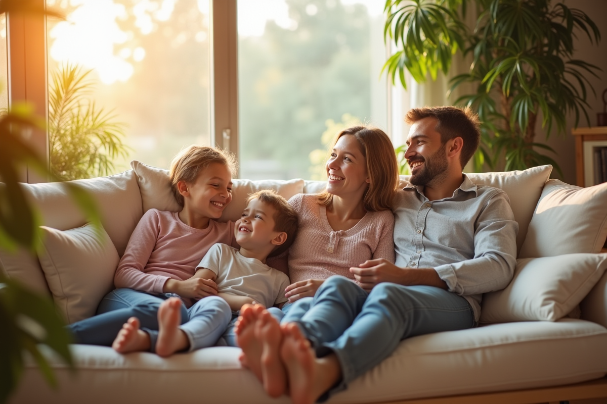 Famille heureuse relaxant dans un salon lumineux