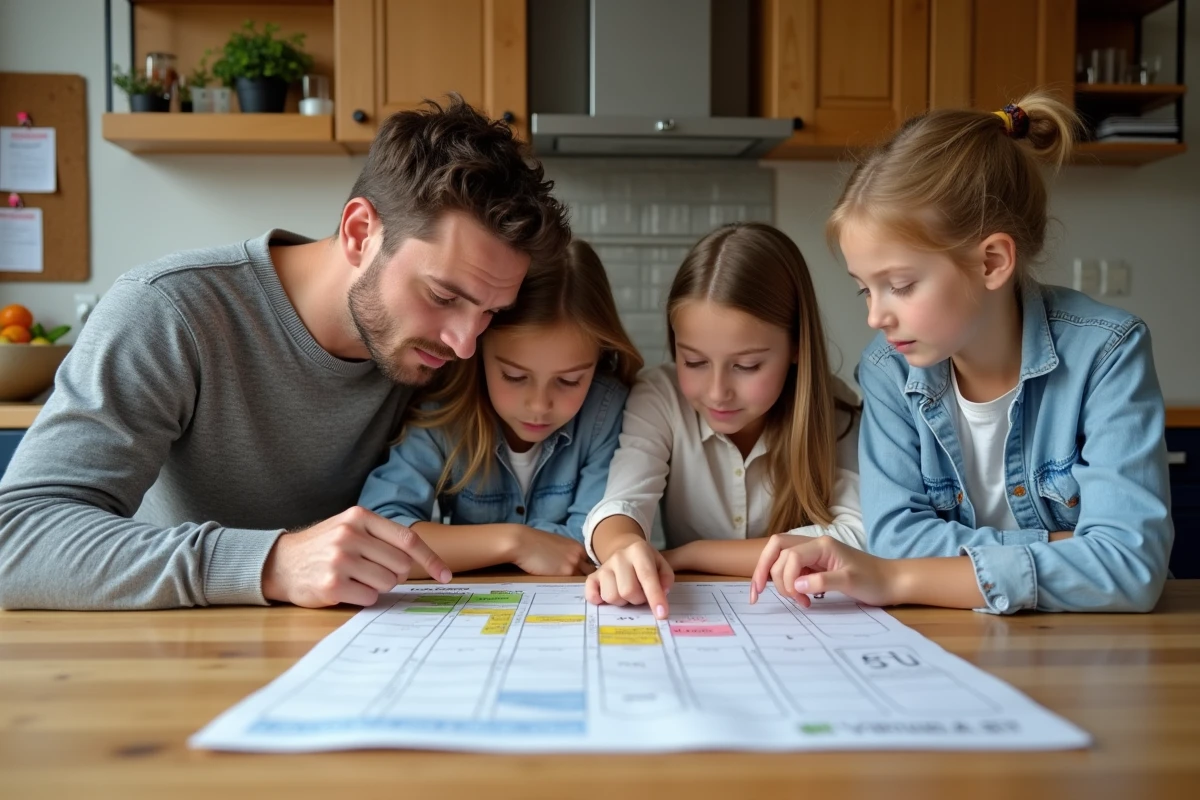 Famille française consultant le calendrier des zones scolaires A B et C autour d'une table de cuisine