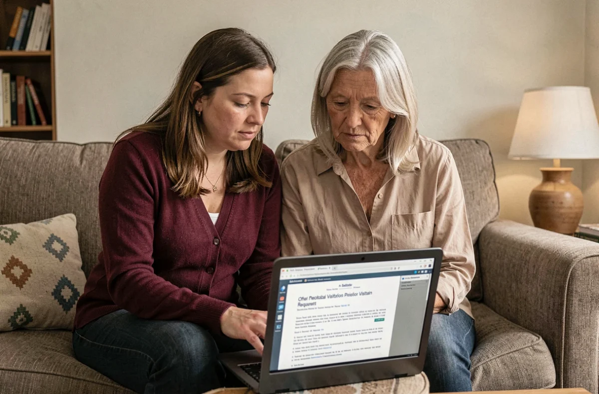 Deux femmes consultant ensemble un guide en ligne pour la première demande de parloir