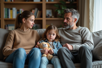 Famille assise sur le canapé avec expressions préoccupées