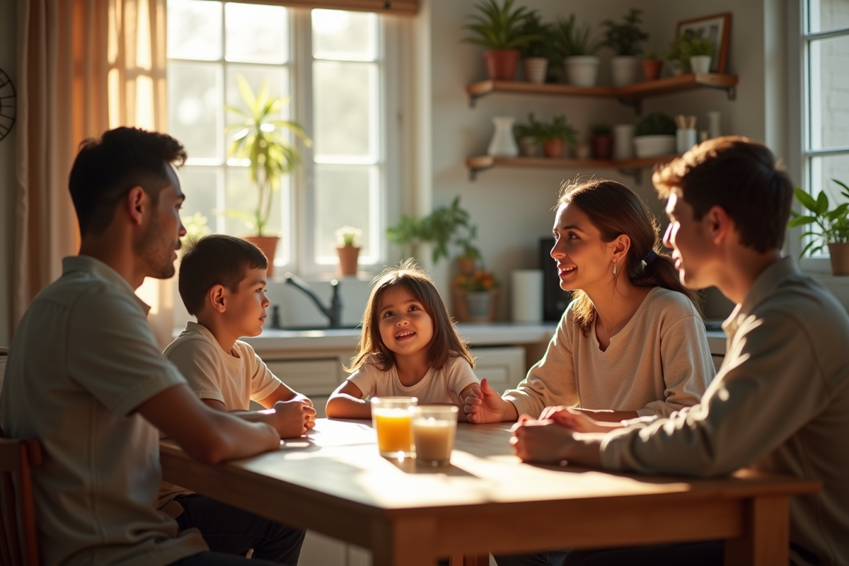 Famille autour d une table en cuisine en discussion chaleureuse