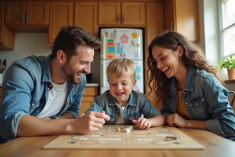 Famille souriante jouant à un jeu de société à la maison