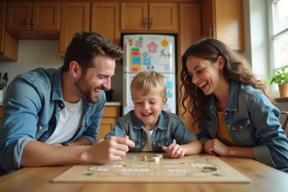 Famille souriante jouant &agrave; un jeu de soci&eacute;t&eacute; &agrave; la maison