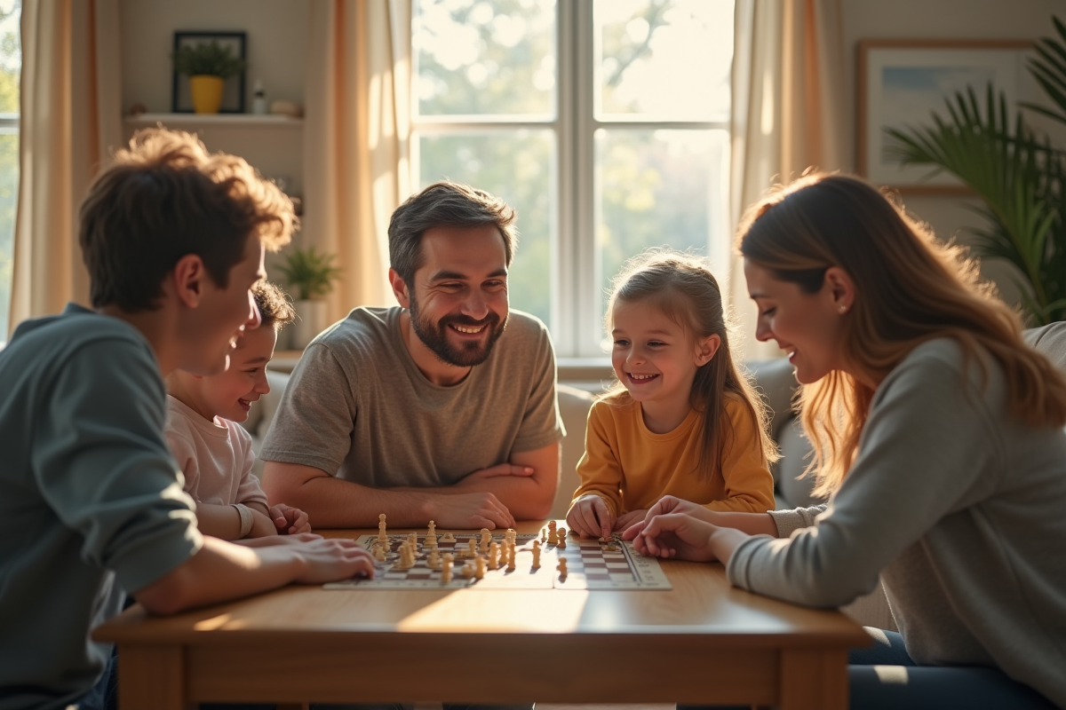 Famille jouant à un jeu de société dans un salon chaleureux