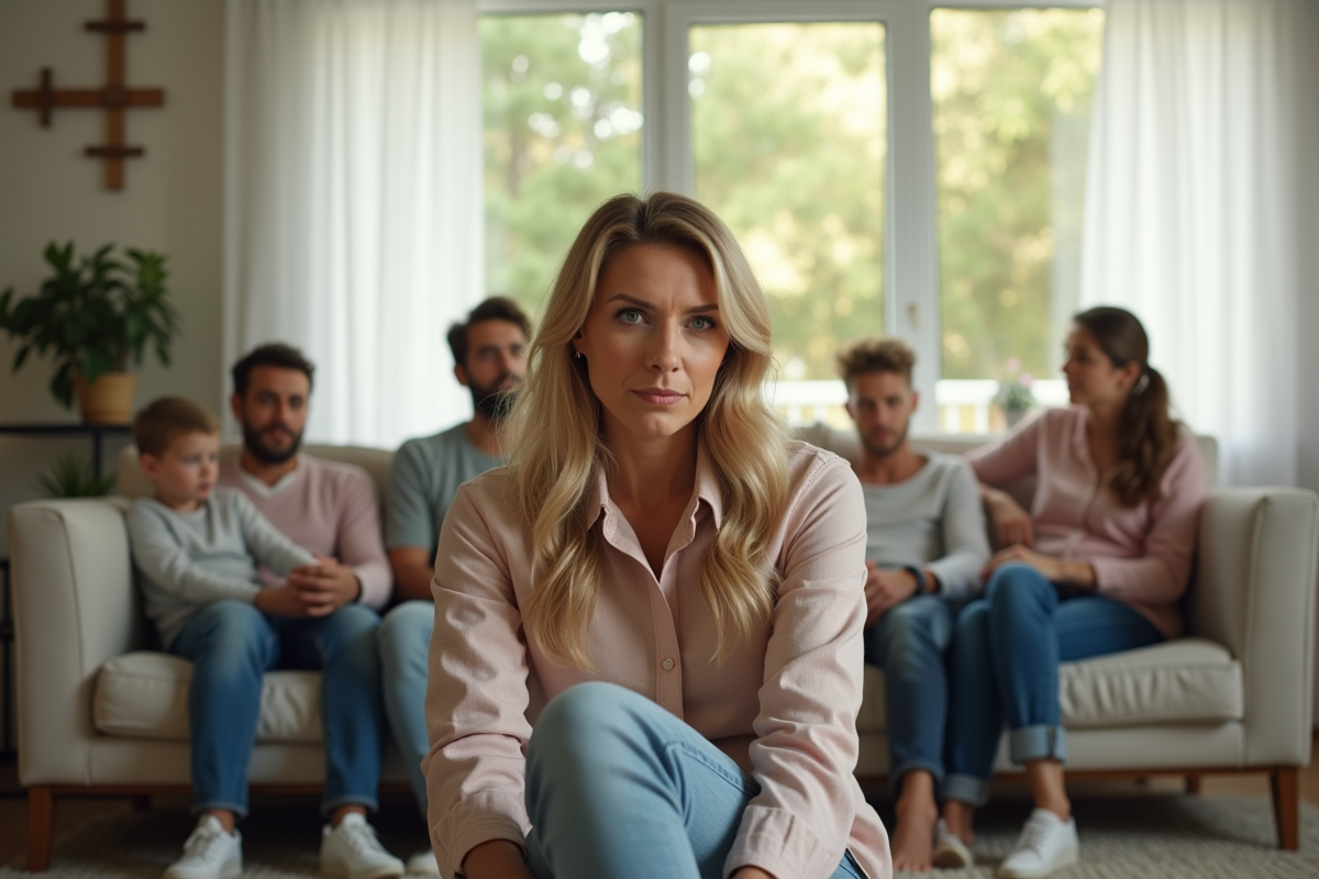 Famille dans un salon lumineux avec femme dominante