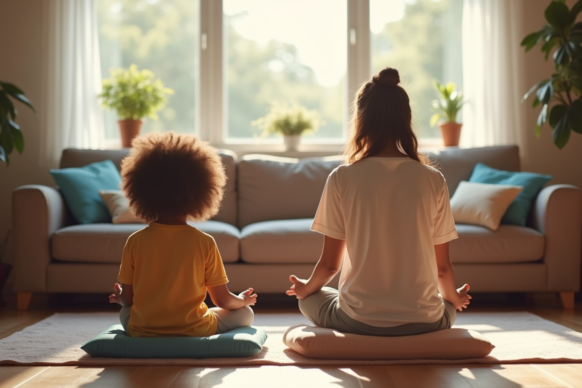 Famille multiraciale pratiquant la meditation en famille