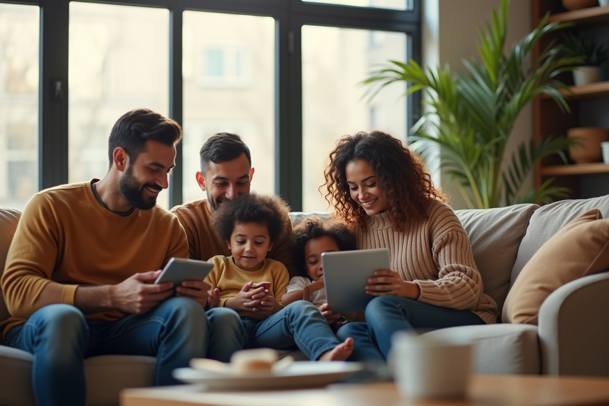 Famille multiraciale dans un salon moderne et lumineux