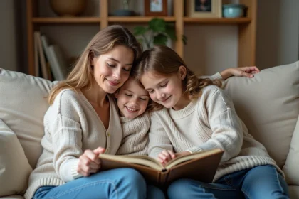 Famille souriante regardant un album photo dans un salon chaleureux