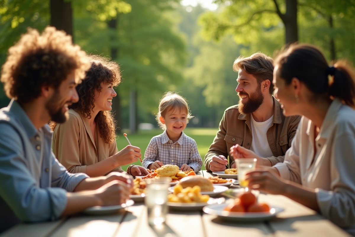 Famille diversifiee partageant un pique-nique en plein air