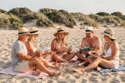 Famille adulte se relaxant sur une plage naturiste officielle en France avec dunes et végétation méditerranéenne en arrière-plan