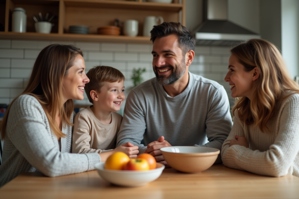 Famille de quatre autour d'une table de cuisine chaleureuse