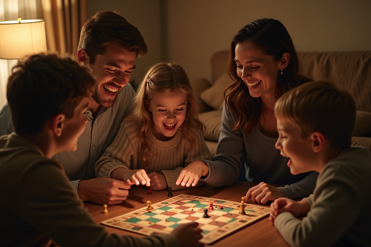 Famille jouant à un jeu de société en soirée chaleureuse