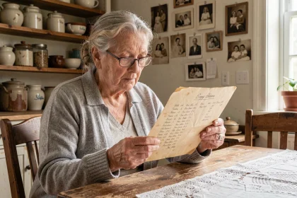 Une femme âgée examine des documents généalogiques anciens avec des noms de famille manuscrits dans une cuisine rustique