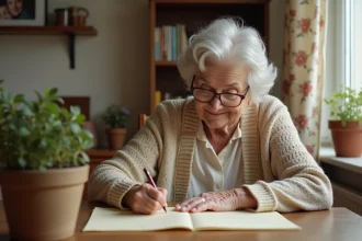 Femme âgée écrivant des vers dans une cuisine chaleureuse