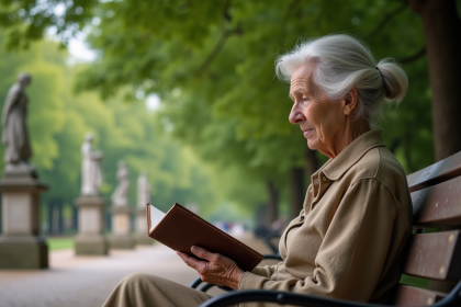 Femme âgée lisant un livre d'histoire dans un parc européen