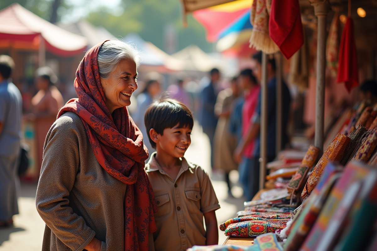 Femme âgée et enfant souriant devant un stand artisanal