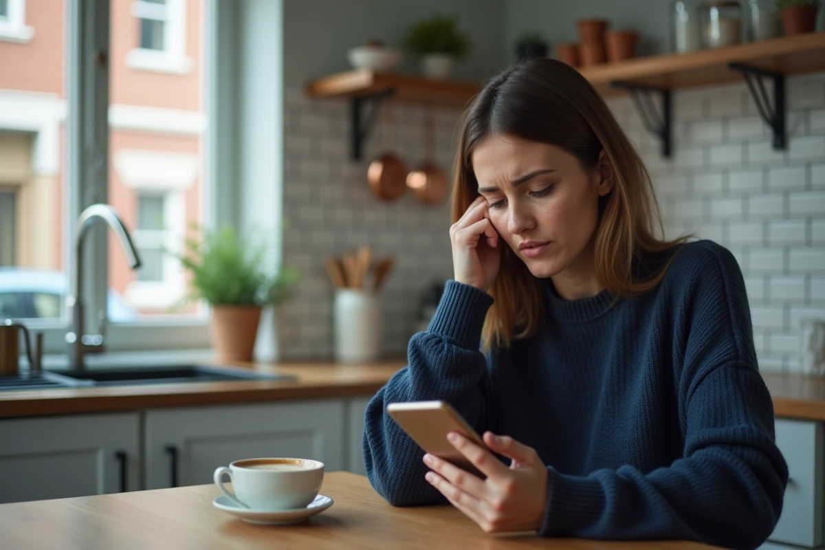 Femme inquiète attendant une réponse à ses SMS sur son téléphone posé sur une table en bois