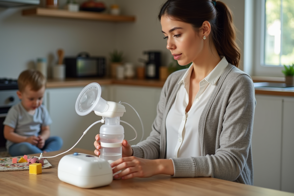 Femme utilisant une pompe à lait dans la cuisine familiale