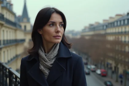 Femme contemplant la ville depuis un balcon parisien