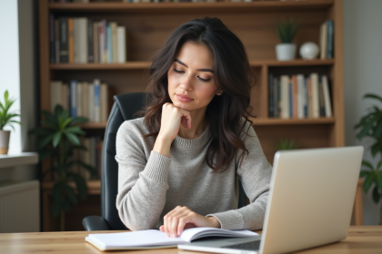 Femme assise à un bureau lumineux utilisant un ordinateur portable