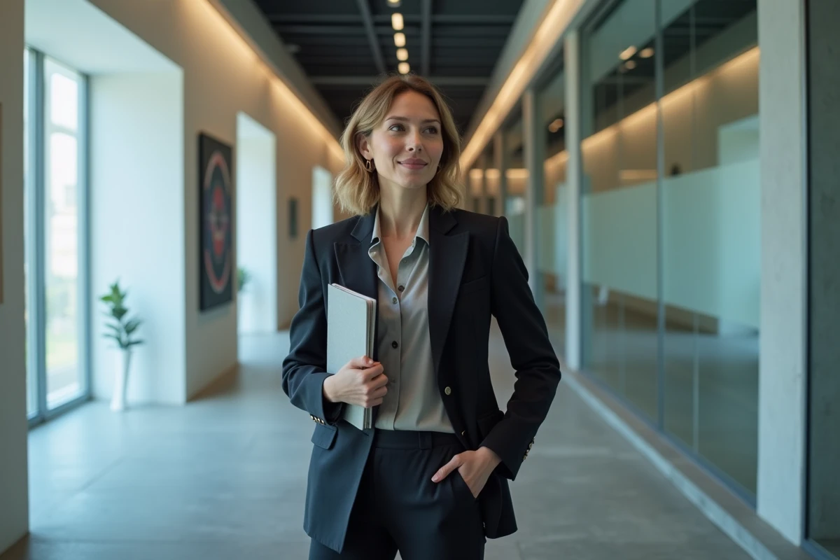 Femme cadre dans le couloir d'une institution culturelle ou médiatique parisienne, incarnant une identité professionnelle distincte