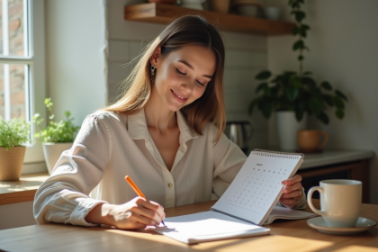 Femme en blouse en lin note dates sur un calendrier dans une cuisine lumineuse