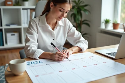 Femme annotant un calendrier 2026 avec numéros de semaines paires et impaires sur un bureau en bois