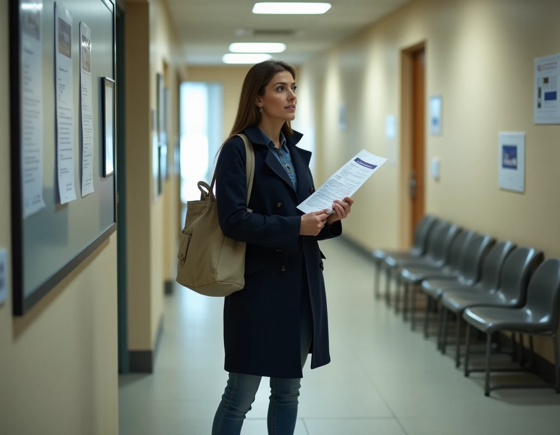 Femme consultant un courrier administratif de la CAF dans le couloir d'un organisme public