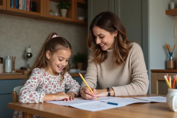 Femme souriante créant une carte avec sa fille dans une cuisine chaleureuse