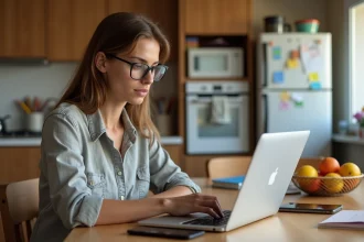 Femme concentrée devant un tableau numérique dans la cuisine