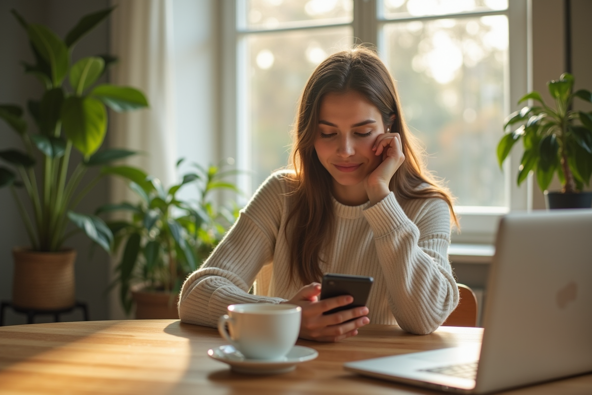 Jeune femme détendant avec smartphone dans un salon lumineux