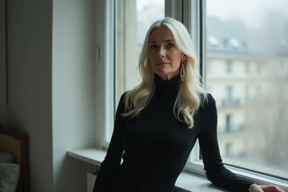Portrait d'une femme élégante aux cheveux platine regardant par une fenêtre givrée, évoquant la discrétion et la vie privée d'une célébrité