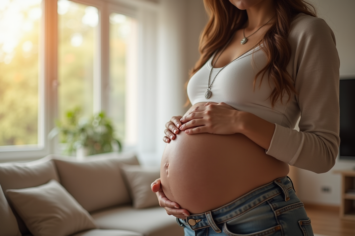 Femme enceinte tenant un collier bola de maternité dans un salon lumineux