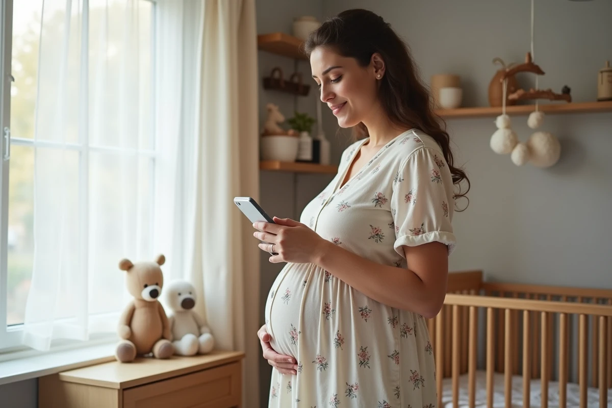 Femme enceinte tenant son ventre dans une chambre de bébé chaleureuse