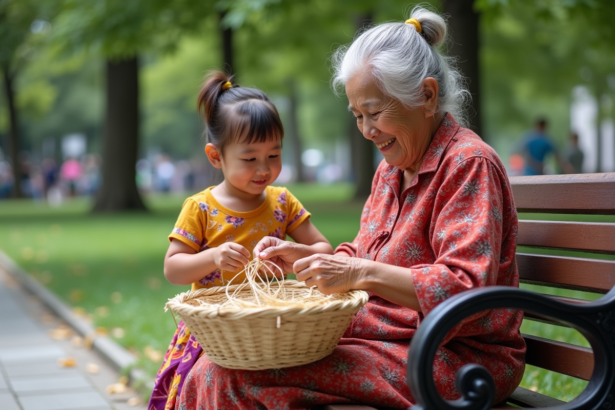 Femme et enfant fabriquant un panier en plein air