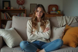 Femme fatiguée assise sur un canapé familial chaleureusement