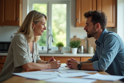 Femme et fils discutent à la cuisine familiale