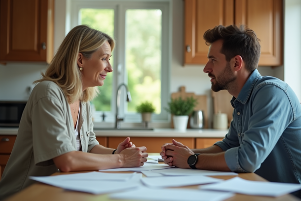 Femme et fils discutent à la cuisine familiale