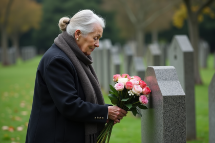 Femme âgée arrangeant des fleurs sur une tombe dans un cimetière paisible