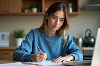 Femme remplissant un formulaire dans une cuisine moderne