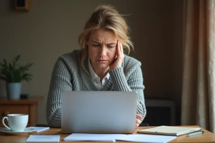 Femme inquiète devant son ordinateur portable après un paiement sur un site suspect comme MaFicheClasse