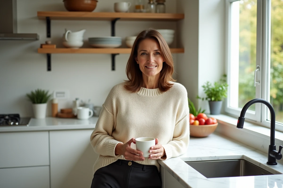 Femme sereine dans une cuisine moderne tenant un mug, portrait intimiste d'une vie familiale préservée loin de la célébrité